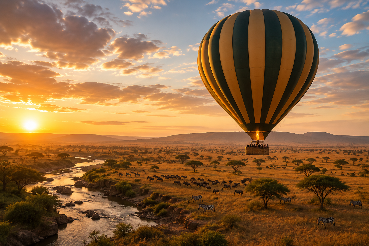 Luxury sunrise hot air balloon safari over the Serengeti