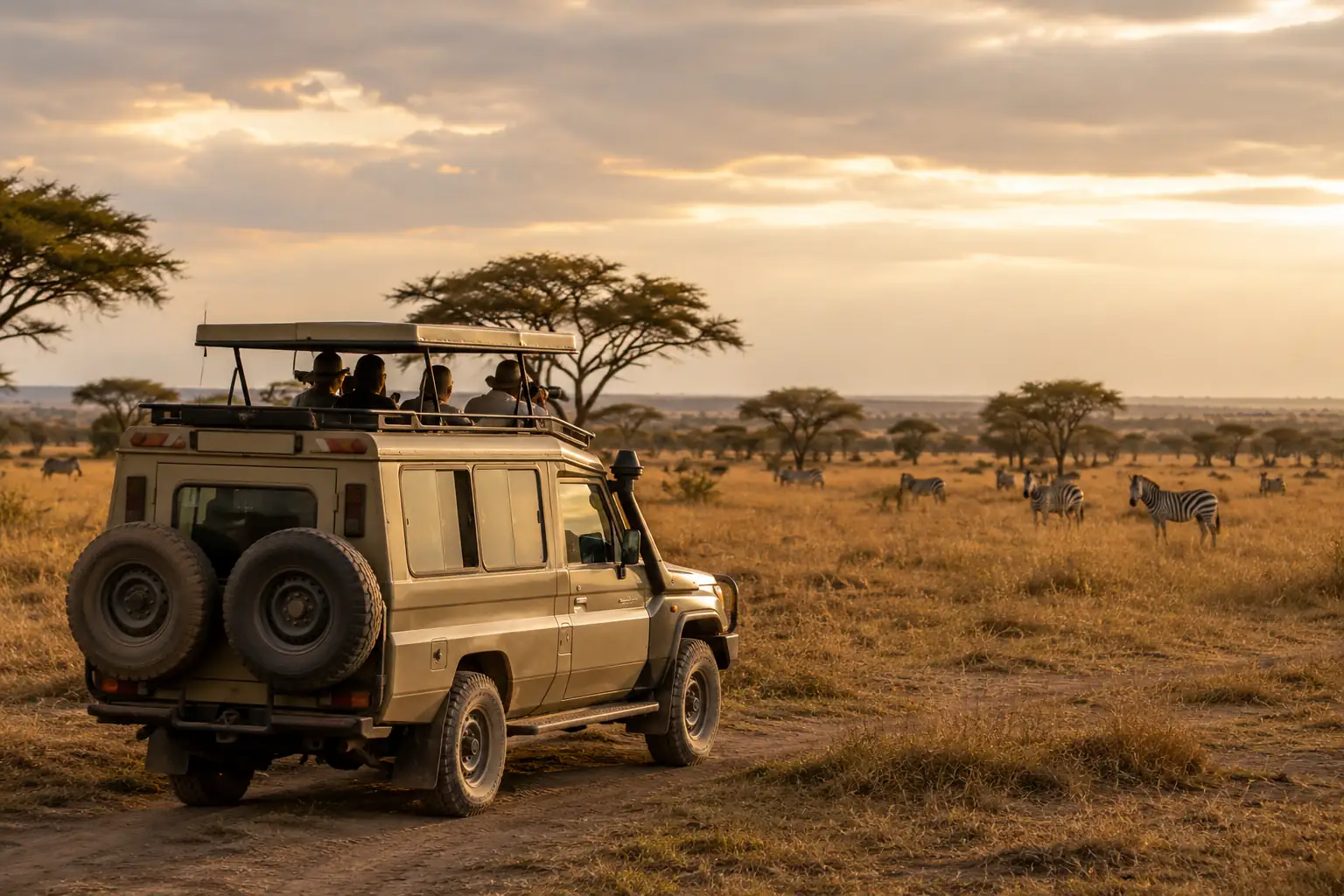 Safari vehicle travelling through the Tanzanian savanna